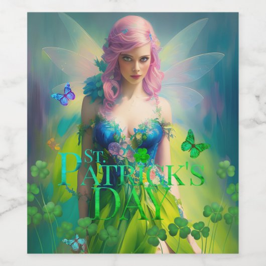 St Patrick's Day Irish Fairy with Clover detail Wijn Etiket (Enkel label)
