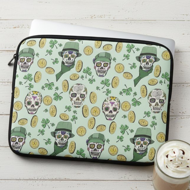 St Patrick's Day Irish Sugar Skull Custom Laptop Sleeve (Fun Irish Laptop Sleeves for St Patrick's Day in Light Green. Sugar Skulls, Shamrock, Gold Coins.)