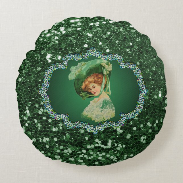 St. Patrick's Day Lady met Pet Green Lijst Faux G Rond Kussen (Voorkant)