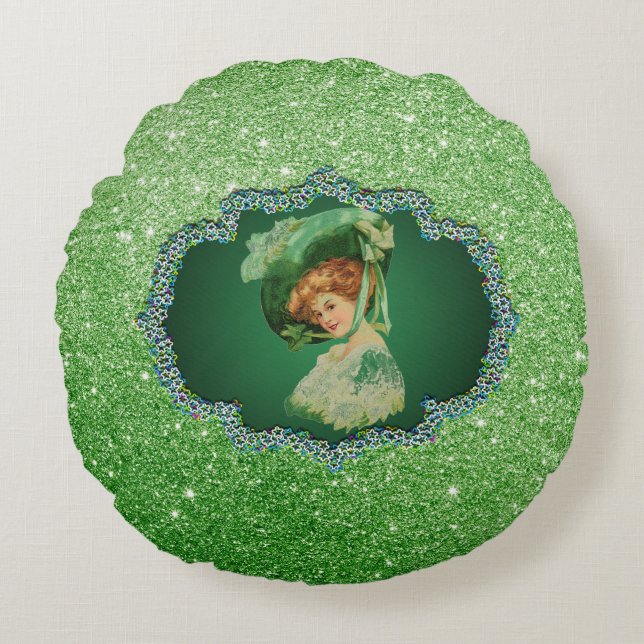 St Patricks Day Lady met Pet GreenFrame FauxGlitte Rond Kussen (Voorkant)