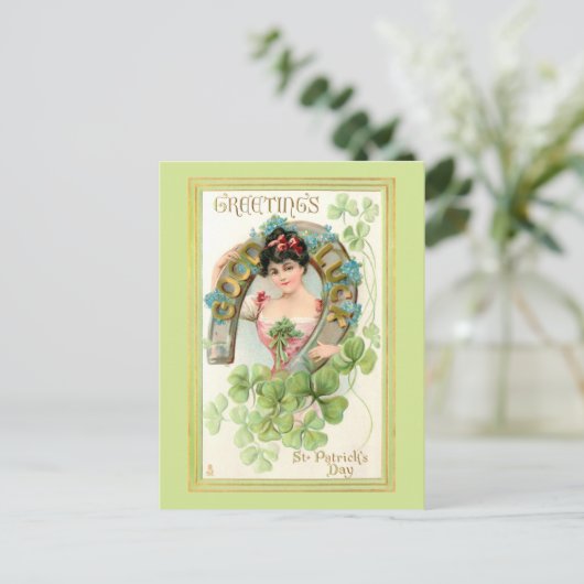 St. Patrick's Day Lassie met Hoefijzer Briefkaart (Staand voorkant)