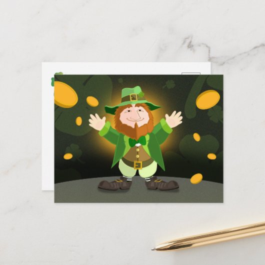 St. Patrick's Day Leprechaun en Gold Briefkaart (Voorkant / Achterkant in situ)
