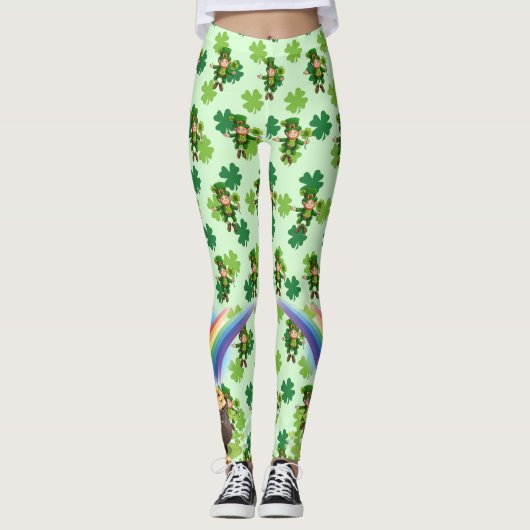 St. Patrick's Day Leprechaun Rainbow Shamrocks Leggings (Voorkant)