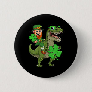 St Patricks Day Leprechaun Riding T Rex Fun Dino B Ronde Button 5,7 Cm