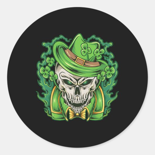St Patricks Day Leprechaun Skull Shamrock Ronde Sticker (Voorkant)