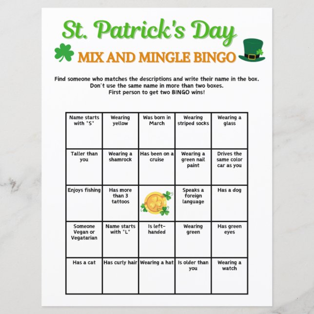 St. Patrick's Day Mix en Mingle Bingo spel (Voorkant)