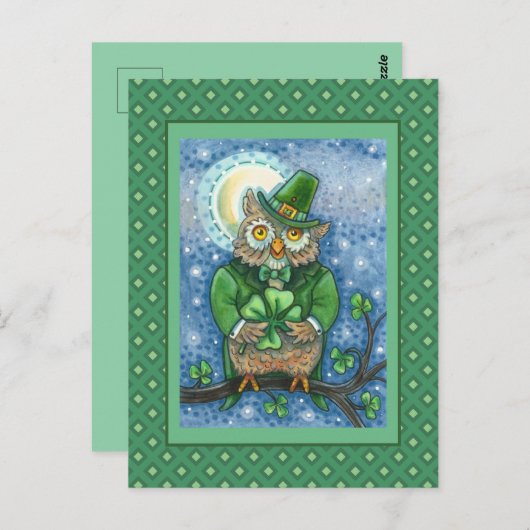 ST. PATRICK'S DAY OWL, 4 LEAF CLOVER LEPRECHAUN BRIEFKAART (Voorkant / Achterkant)