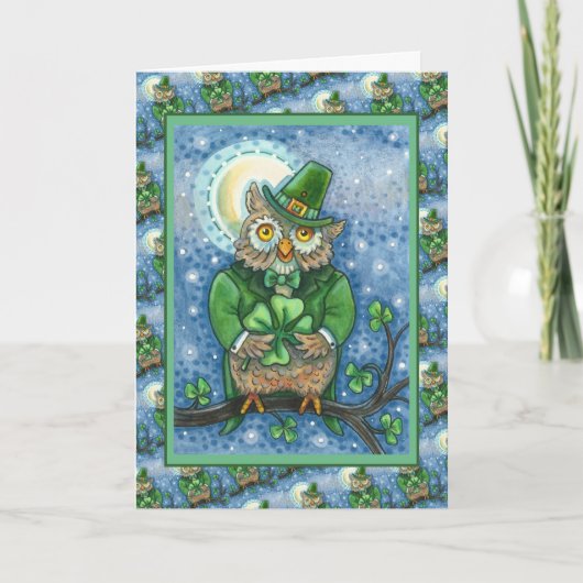 ST. PATRICK'S DAY OWL, 4 LEAF CLOVER LEPRECHAUN FEESTDAGEN KAART (Voorkant)