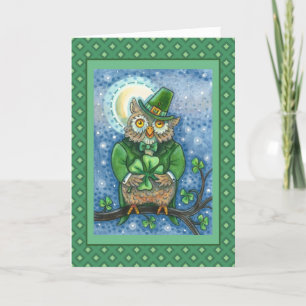 ST. PATRICK'S DAY OWL, 4 LEAF CLOVER LEPRECHAUN FEESTDAGEN KAART