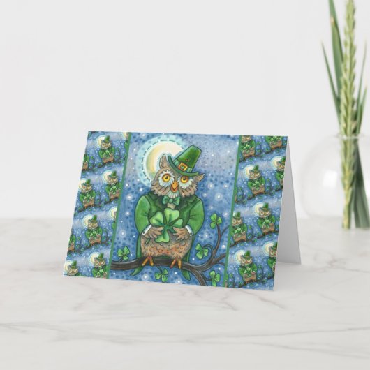 ST. PATRICK'S DAY OWL, 4 LEAF CLOVER LEPRECHAUN FEESTDAGEN KAART (Voorkant)