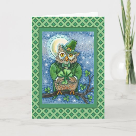 ST. PATRICK'S DAY OWL, 4 LEAF CLOVER LEPRECHAUN FEESTDAGEN KAART (Voorkant)