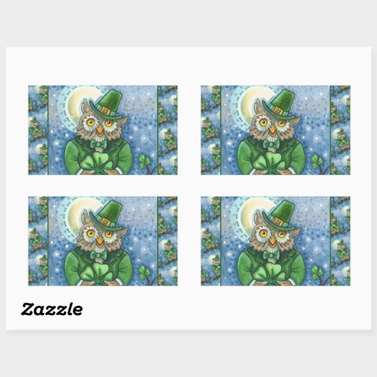 ST. PATRICK'S DAY OWL, 4 LEAF CLOVER LEPRECHAUN RECHTHOEKIGE STICKER (Vel)