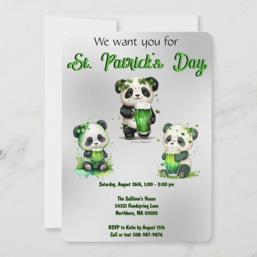 St. Patrick's Day Panda Beer Feest Uitnodiging (Voorkant)