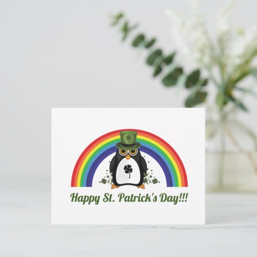 St. Patricks Day Penguin en Rainbow Briefkaart (Staand voorkant)