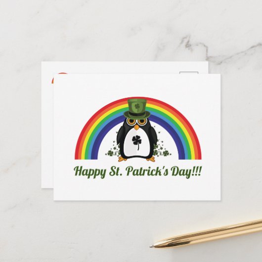 St. Patricks Day Penguin en Rainbow Briefkaart (Voorkant / Achterkant in situ)