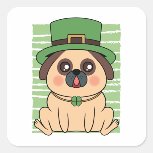St. Patrick's Day Pug Dog Lucky Shamrock Vierkante Sticker (Voorkant)