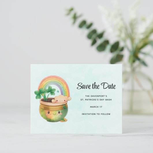 St. Patrick's Day Rainbow & Clover Save the Date Uitnodiging Briefkaart (Staand voorkant)