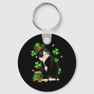 St. Patrick's Day Schattige Tuxedo Kat Klaver Iers Sleutelhanger
