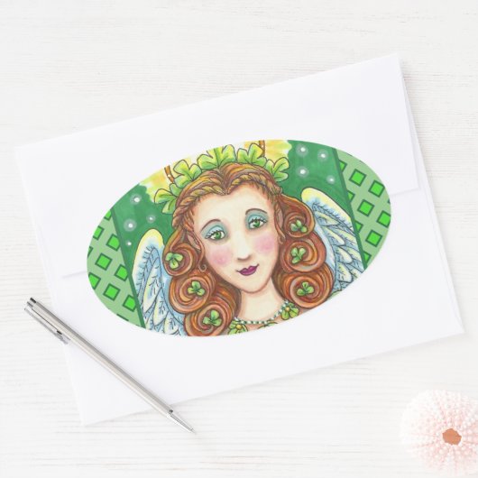 ST. PATRICK'S DAY SHAMROCK ANGEL, IRISH BLESSINGS OVALE STICKER (Envelop)