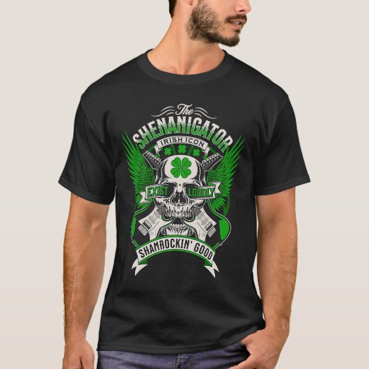 St Patricks Day Shamrock Guitar Rock N Roll Skull T-shirt (Voorkant)