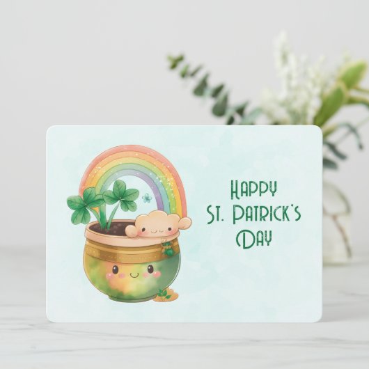 St. Patrick's Day Whimsical Rainbow & Clover Feestdagenkaart (Staand voorkant)