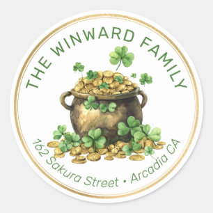 St. Patrick's Pot of Gold & Shamrocks Adres Ronde Sticker