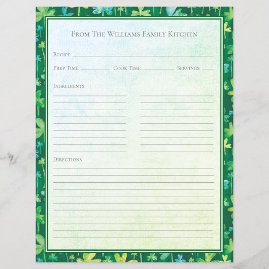 St. Patrick's Shamrocks Green Recipe Paper Sheet (Achterkant)