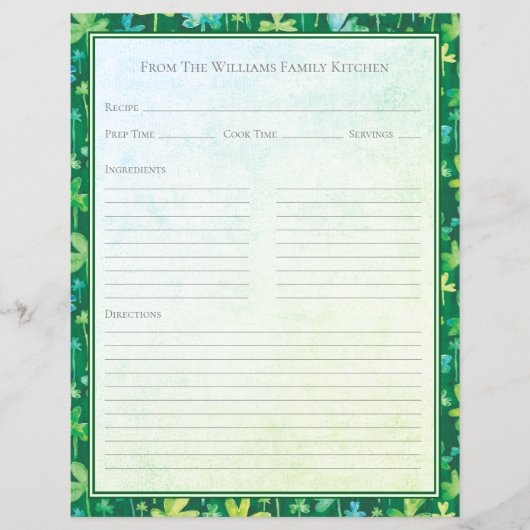 St. Patrick's Shamrocks Green Recipe Paper Sheet (Voorkant)