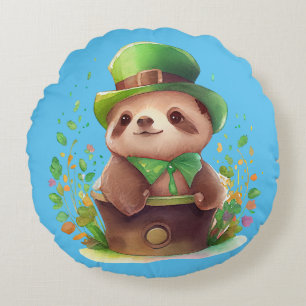 St. Patrick's Sloth en Raccoon Reversible Pillow Rond Kussen