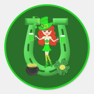 St. Pat's Day Redhead Girl Leprechaun Ronde Sticker