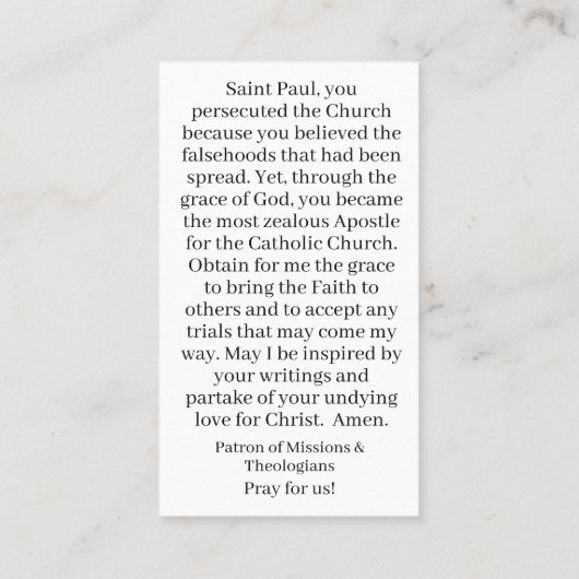 St. Paulus gebedsgebed Kaart Contactkaartje (Achterkant)