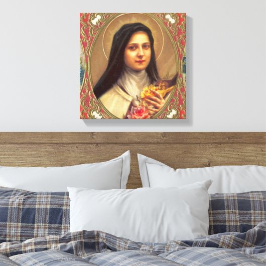 St. Therese de kleine bloem w / roze rozen Canvas Afdruk (Insitu (Slaapkamer))