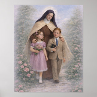 St. Therese Guiding Children Roses Catholic Poster