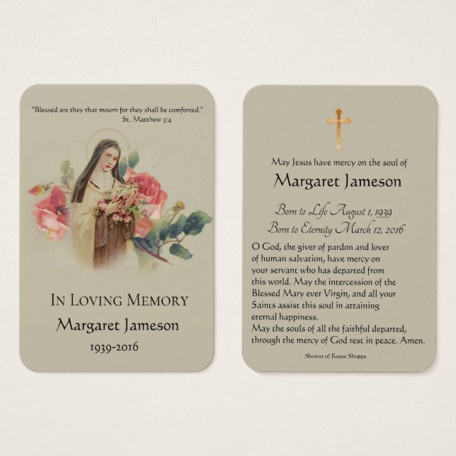 St. Therese Pink Roses Funeral Memorial Holy Card (Devant & derrière)