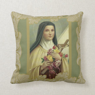St. Therese the Little Flower w/roze roses Green Kussen