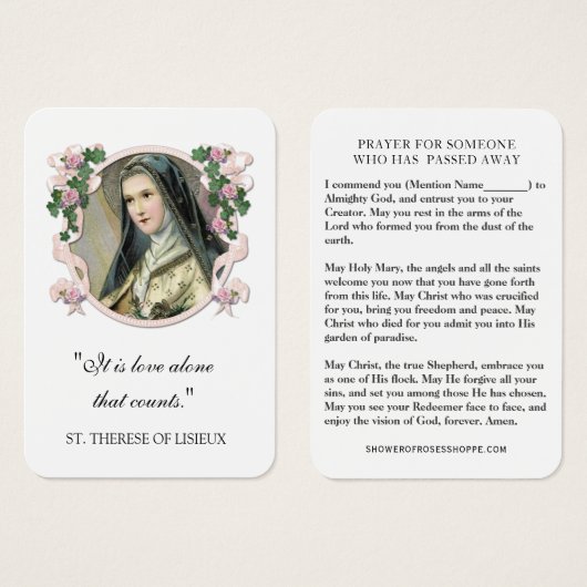 St. Therese van Lisieux Prayer Sympathie Funeral Visitekaartje (Voorkant /achterkant)