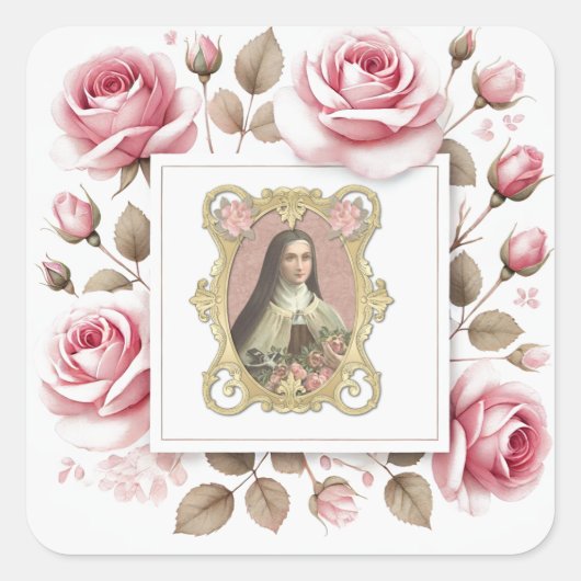St. Therese van Lisieux Waterverf Roze Rozen Vierkante Sticker (Voorkant)