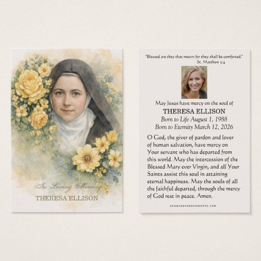 St. Therese Yellow Floral Funeral Prayer Memorial  (Devant & derrière)