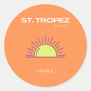 St. Tropez, Frankrijk, Sunset, Travel Art, Oranje Ronde Sticker