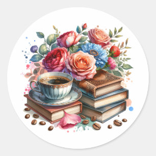 Sta op en schijn  koffiekopje en bloemen ronde sticker