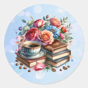 Sta op en schijn  koffiekopje en bloemen ronde sticker