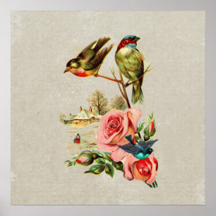 staafvogels en Rozen landschapsschilderingen Poster