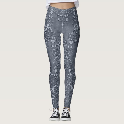 Staal/Pewter Grey en lichte grijze Floral Damask Leggings (Voorkant)