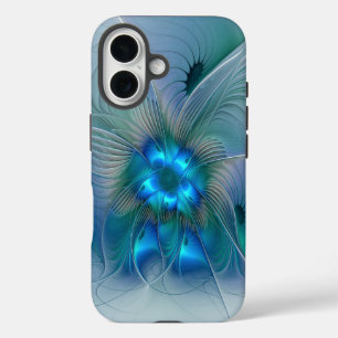 Staande ovaties, abstract blauw turquoise fractaal iPhone 16 hoesje