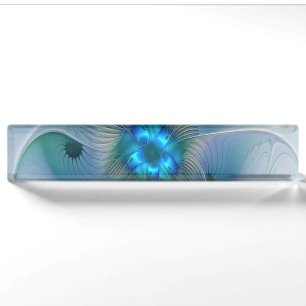 Staande ovaties, abstract blauw turquoise fractaal naambordje