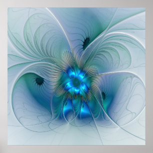 Staande ovaties, Abstract Blauw Turquoise Fractaal Poster