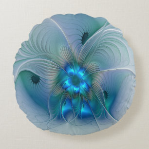 Staande ovaties, abstract blauw turquoise fractaal rond kussen
