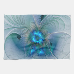Staande ovaties, abstract blauw turquoise fractaal theedoek