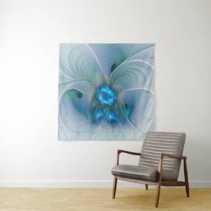 Staande ovaties, abstract blauw turquoise fractaal wandkleed