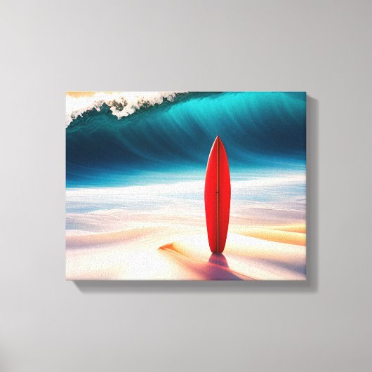 Staande surfplank in strandzand canvas afdruk (Voorkant)